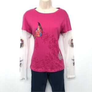 Feathers Pink Sheer Sleeve Tattoo Shirt
